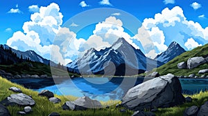 Serene lake among majestic mountains and clouds