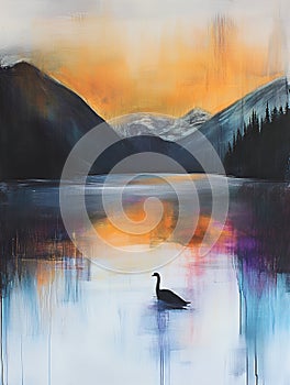 A serene lake painting with mountains trees and a swan under a colorful sky art photo