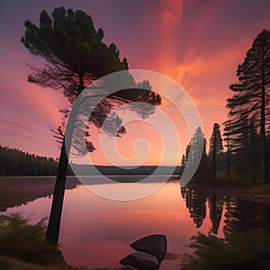 A serene lake reflecting the orange and pink hues of a sunset, surrounded by tall pine trees2