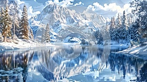 Serene lake reflecting the surrounding mountains, Snow-covered m