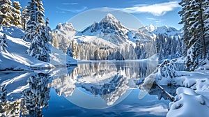 Serene lake reflecting the surrounding mountains, Snow-covered m