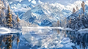 Serene lake reflecting the surrounding mountains, Snow-covered m