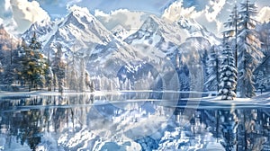 Serene lake reflecting the surrounding mountains, Snow-covered m