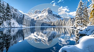 Serene lake reflecting the surrounding mountains, Snow-covered m