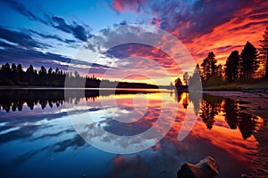 Serene lake reflecting the vibrant colors of a sunset sky. Generative AI