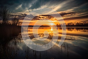 serene lake, with reflections of the sun setting over the water, and clouds in the sky