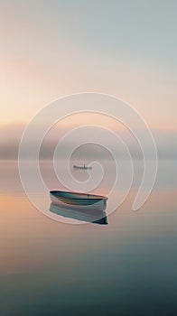 Serene Lake Scene with Lonely Boats in Misty Morning Light