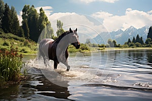 The serene lake setting is graced by a beautifully groomed, dark horse photo