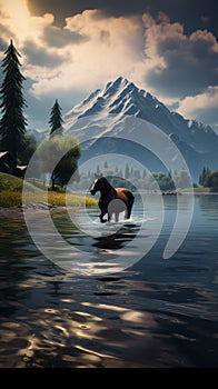 The serene lake setting is graced by a beautifully groomed, dark horse photo