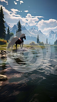 The serene lake setting is graced by a beautifully groomed, dark horse photo