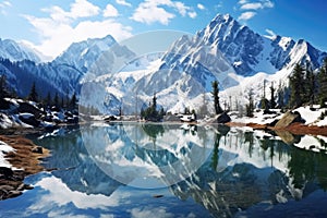 A serene lake sits peacefully amidst the towering, snow-covered peaks of majestic mountains, Crystal clear lake reflecting snow-