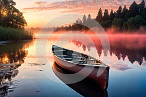 Serene lake sunrise with canoe