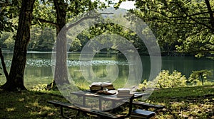 A serene lake surrounded by lush trees with a small table set up for a literary picnic. Books and reading glasses are