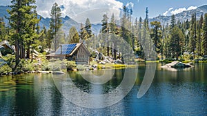 A serene lake surrounded by trees and mountains with a small offgrid cabin in the background. Solar panels are visibly