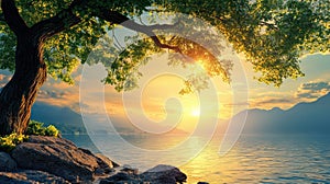 Serene lake view at sunset with a tree