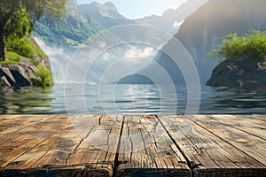 Serene Lake View from Wooden Pier with Majestic Mountains and Lush Greenery in Misty Morning Light for Tranquil Nature Backdrop