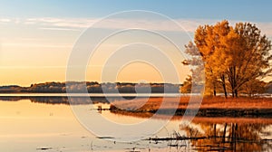 Autumn Splendor: Serene Wetland With Vibrant Colors Reflecting On Calm Water