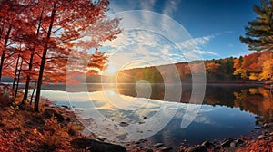 Serene Autumn Wetland: A Tranquil Scene Of Cherry Trees And Calm Waters