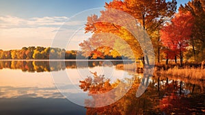 Autumn Splendor: Serene Wetland With Vibrant Cherry Trees And Calm Lake