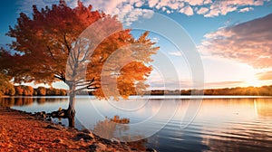 Serene Autumn Wetland: A Tranquil Scene Of Cherry Trees And Calm Waters