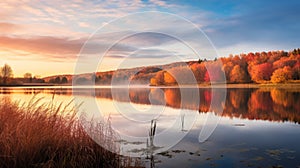 Serene Autumn Wetland: A Tranquil Scene Of Cherry Trees And Calm Waters