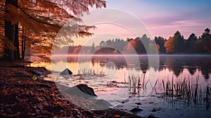 Serene Autumn Wetland: A Tranquil Scene Of Cherry Trees And Calm Waters