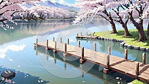 serene lake with a wooden jetty surrounded by Cherry Blossom. Anime style illustration Generated by ai