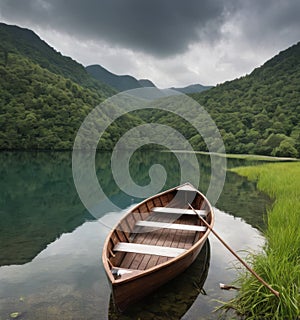 Serene Lake and Wooden Rowboat