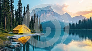Serene lake, yellow tent, mountains, sunset
