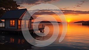 A serene lakeside cabin with a beautiful view of the sunset reflecting on the water