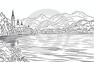 Lakeside Mountain Church Coloring Page A serene lakeside scene with a church nestled amongst trees and mountains perfect for photo