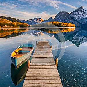 A serene lakeside scene with a wooden dock and fishing boat.