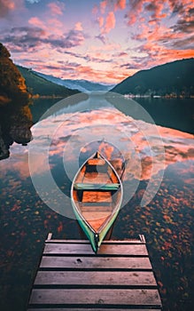 A serene lakeside scene with a wooden dock and fishing boat.