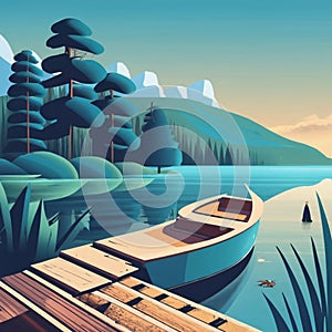 A serene lakeside scene with a wooden dock and fishing boat. illustration