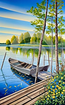 A serene lakeside scene with a wooden dock and fishing boat. painting