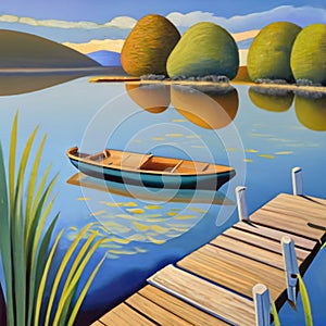 A serene lakeside scene with a wooden dock and fishing boat. painting