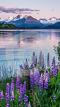 Serene Lakeside View With Lavender Lupines and Snow-Capped Mountains at Dusk