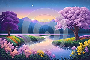 Serene landscape featuring a lake, trees, flowers and mountains in the background during sunrise, sunset or night. AI Generated