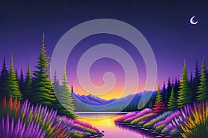 Serene landscape featuring a lake, trees, flowers and mountains in the background during sunrise, sunset or night. AI Generated