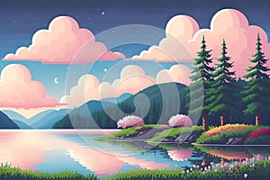 Serene landscape featuring a lake, trees, flowers and mountains in the background during sunrise, sunset or night. AI Generated