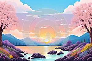 Serene landscape featuring a lake, trees, flowers and mountains in the background during sunrise, sunset or night. AI Generated