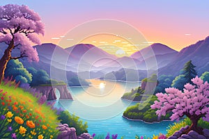 Serene landscape featuring a lake, trees, flowers and mountains in the background during sunrise, sunset or night. AI Generated