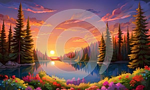 Serene landscape featuring a lake, trees, flowers and mountains in the background during sunrise, sunset or night. AI Generated