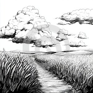 Serene landscape featuring a path through wheat fields under dramatic clouds