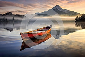 serene landscape featuring a small boat on a tranquil lake bathed in golden light