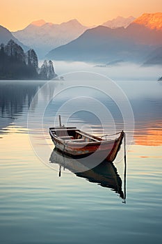 serene landscape featuring a small boat on a tranquil lake bathed in golden light