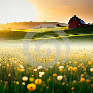 serene landscape with flowers fields and a farm in the distance
