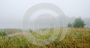 Serene landscape with a lake in the fog