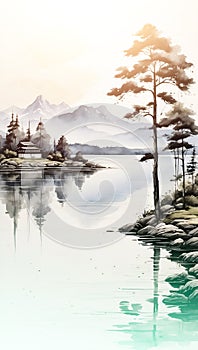 Serene Landscape, Lake, Trees, and Mountains Painting. Generative AI.