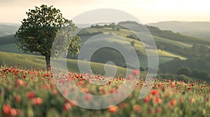 Serene Landscape with a Lone Tree Amidst Blossoming Poppies. A Tranquil Summer Scene Depicting Natural Beauty and